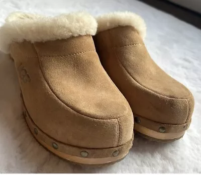 UGG Australia Kalie Suede Sheepskin Shearling Lined Slip On Clogs SZ 9 Camel • $65