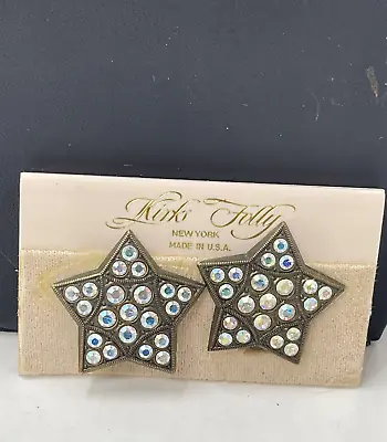 Vtg. NOS Kirks Folly Large STARBURST Aurora Borealis Earrings  - GOLD Tone • $48.50