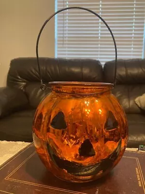 Vintage Halloween Pumpkin Jack O Lantern Orange Glass Candle Candy Holder • $45