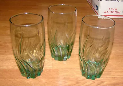 3x Central Park Fern Green Tea Glasses By Anchor Hocking Vertical Wave • $25