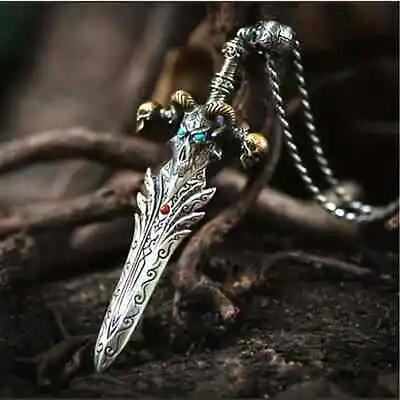 Gothic Men's Retro Domineering Demon Skull Angel Sword Pendant With Chain • £6.49