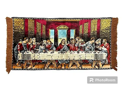 The Lord's Last Supper W/ Disciples Vtg 70s Woven Tapestry Wall Hanging 41x19.5  • $42.41