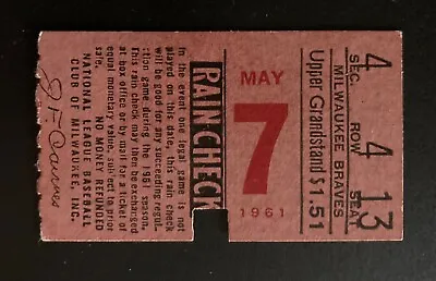 Vintage 1961 MIlwaukee Braves Ticket Stub Vs Cincinnati Reds - Warren Spahn • $34.95