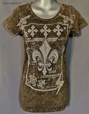 New VOCAL Womens CRYSTAL BROWN TAUPE MINERAL DYED FLEUR DE LIS SHIRT S M L XL • $37.95