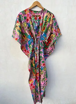 Indian Kaftan Farida Kahlo Print Cotton Kaftan Long Maxi Dress Night Beach Gown • £22.10