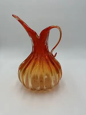 Murano Pitcher Italy Art Glass Vase Vintage Hand Blown Orange Amber Home Decor • $199