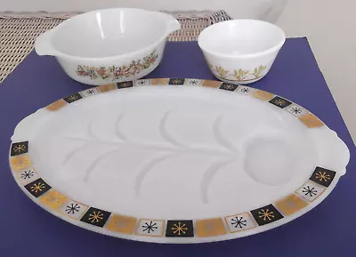 3 Vintage Milk Glass Serving Pcs-Atomic Starburst Meat Platter Casserole Bowl • $35.99