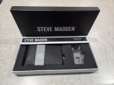 NEW Men's Steve Madden Black Leather BillFold Wallet Key Fob Box Set FREE SHIP • $15.95