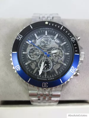 NEW Michael Kors Bayville Silver Black Blue Automatic Skeleton Mens Watch MK9045 • $224.99