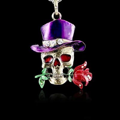 £7.99 • Buy Skull Purple Top Hat Rose Steampunk Necklace Pendant + Free Gift Bag