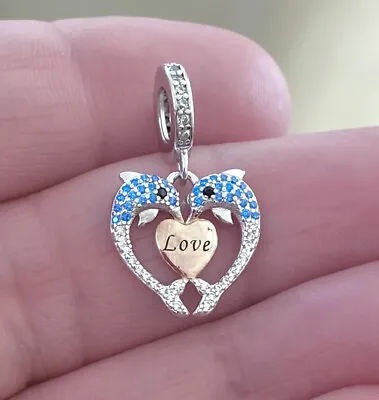 Dolphins Charm 925 Sterling Silver Dolphin Heart Pendant • £16.99