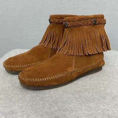 Minnetonka Women Shoes 8.5 Brown Ankle Moccasin Bootie Fringe Back Zip Hard Sole • $21.74