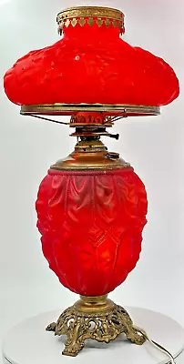 Antique Victorian Ruffled Ruby Red Glass Oak Leaf Motif Table Lamp (Multibulb) • $70