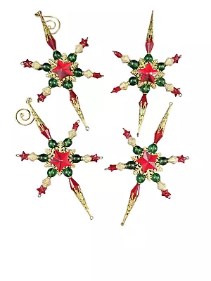 Set Of 4 Vintage 1970s Green Red Plastic Bead Snowflake Ornaments Gold Wire • $26.58