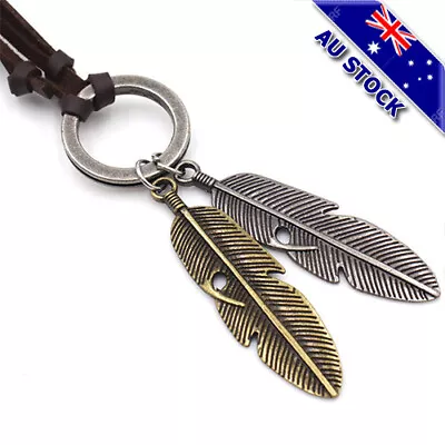 Vintage Feather Pendant Adjustable Leather Long Chain Necklace Mens Jewelry • $8.75