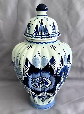 9 7/8  Delft Blue & White Hand Painted Holland Urn Tea Caddy Flowers Fluted • $50