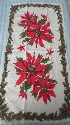 Vintage Linen KITCHEN TOWEL Christmas Red Poinsettia Holly Border • $8