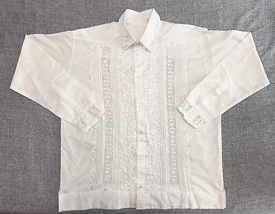 White Guayabera Long Sleeve Shirt XL Lace/Embroidered Design Wedding Beach Rare • $129.99