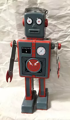 Tin Toy Robot Walking In Grey & Red • £20