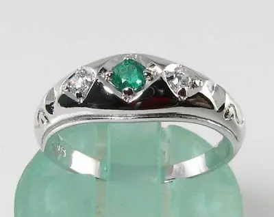 Crisp 9ct 9k White Gold Colombian Emerald & Diamond Gypsy Trilogy Ring Free Size • £299