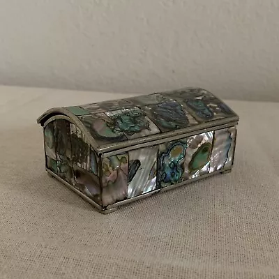 Vintage Mexican Alpaca Silver & Abalone Wood Lined Trinket Box 3.5  • $27