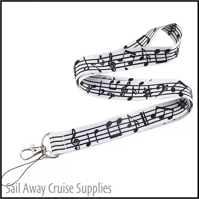 Music Notes  LANYARD.  Neck Key ID Card Holder.  WHITE. Work Travel Cruise • $9.95