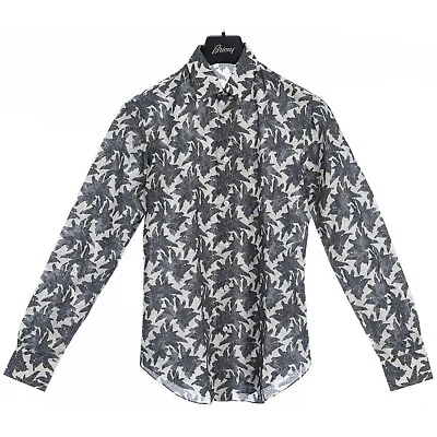 BRIONI 1050$ Beige Linen Printed Longsleeve Shirt With A Blue Floral Design • $212