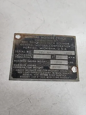 GMC General Motors TRUCK  DATA PLATE SERIAL NUMBER ID TAG VIN Oem Ratrod Rat Rod • $185