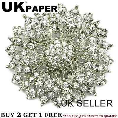 2.4  Large Silver Flower Diamante Crystal Pin Brooch Wedding Art Vintage Broach • £6.45