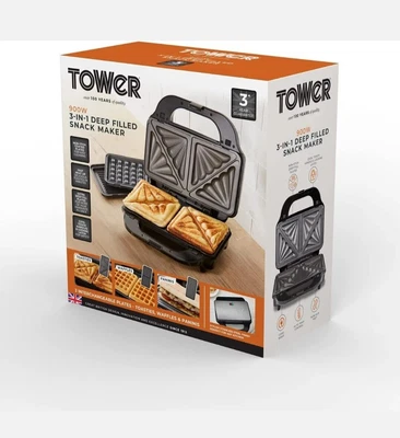 £34.95 • Buy TOWER 3 In 1 Sandwich Maker Grill 900W Stainless Steel Non Stick Waffle Paninis
