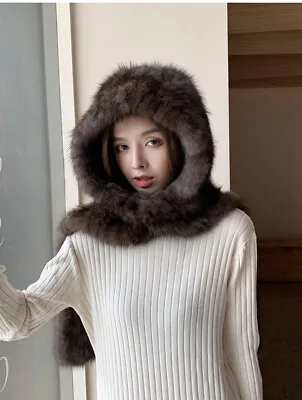 Women Winter 100% Genuine Sable Fur Hooded Scarf Warm Mink Fur Hat Caps • £187.65