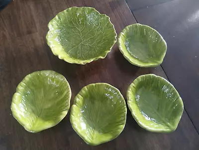 Vintage Holland Mold Lot Of 4 Green Cabbage Leaf Ceramic Bowls And 1 Large Bowl • $29.95