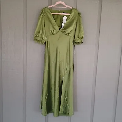 ASOS DESIGN Belted Satin Midi Tea Dress Size 12 V Neck Slit Cut Out Defect • $13
