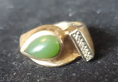  14kt Jade Yellow Gold & Diamond Mens Ring-vintage 70s • $850
