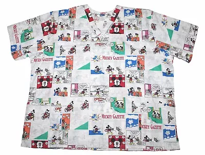 Disney Mickey Gazette Comic Strip Print Scrub Top Pockets Womens Size 3XL • $24.99