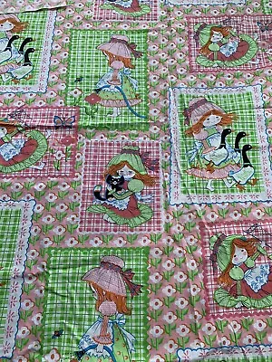 Over 1 Yard Vintage Holly Hobbie Fabric Cotton Spring Print Bonnet Flowers Cat • $22