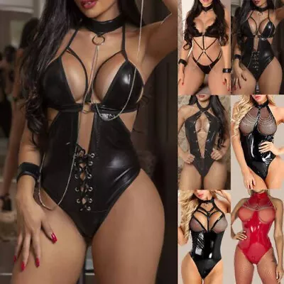 £5.09 • Buy Women Sexy PU Leather Lingerie Bodysuit Babydoll Wet Look Leotard Underwear UK