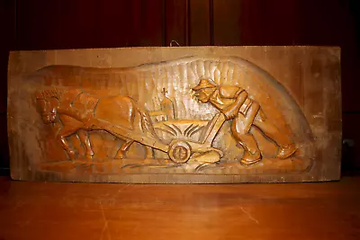 19th 28  Wood Hand Carved Farmer Peasant Horse Plow Relief Mural Sculpture Gift • $143.20