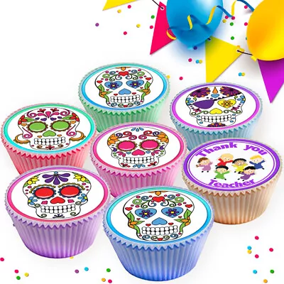 Colourful Sugar Skulls Edible Cupcake Toppers Cake Decorations  266 • £2.99