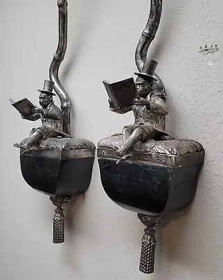 Pair Vintage Maitland Smith Silverplate Monkey Reading Wall Scone Lamps • $599.99