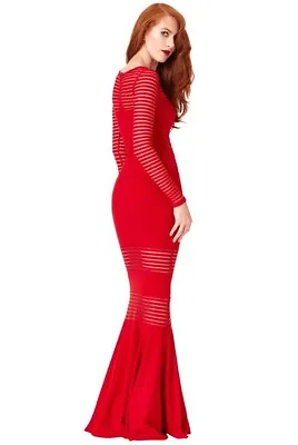 £25 • Buy Goddiva Elegant Long Sleeved Fishtail Maxi Party Dress With Stripes Size 8