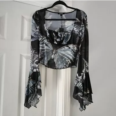 Dollskill Widow Long Sleeve Flutter Bell Sleeve Moth Print Goth Mesh Crop Top • $34