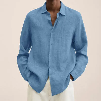 Men's Spring Long Sleeve Linen Shirt Casual Baggy Button-down Solid Tops Blouse • $19.99