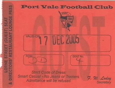 Ticket - Port Vale V Bristol City 17.12.05 Directors' Restaurant Lounge Pass • £2