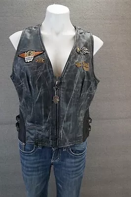 Vintage Leather Motorcycle Vest Women’s Large HOG Harley Davidson Pins & Patches • $83.99