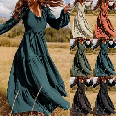 Women Plus Size V-Neck Puff Sleeve Dress Beach Holiday Long Maxi Dresses Ladies • $23.58