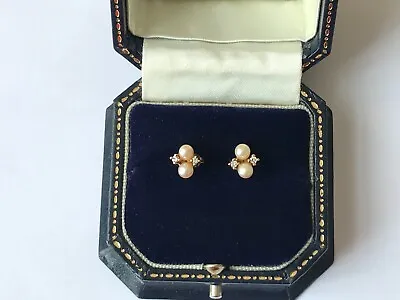 £250 • Buy 9ct Gold Cultured Pearl And Diamond Stud 1985 Vintage Earrings