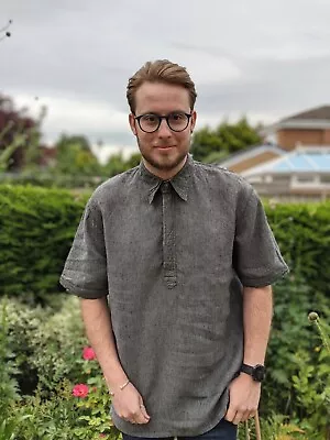 Orvis M Grey Fleck Tunic Shirt Men's Relaxed Fit Short Sleeve 100% Linen Holiday • £22.99