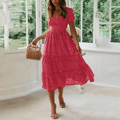 $0.99 • Buy Women Polka Dot Boho Ruffle Maxi Beach Dress Ladies Evening Summer Sundress