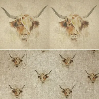 Cotton Rich Linen Look Fabric Digital Highland Cow Curtain Upholstery Panel • £1.50